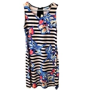 CYNTHIA‎ Rowley Sleeveless Stretch Shift Dress Navy & White Striped Floral  M